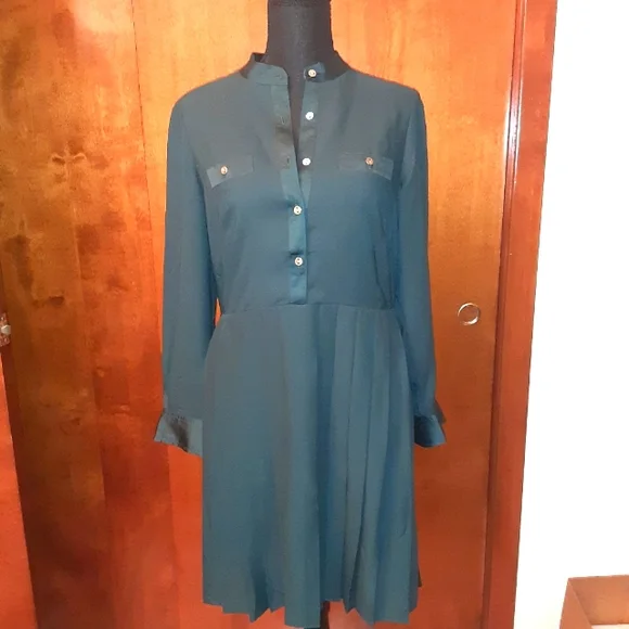 Pleated Teal Button-Up Dress - Picture 3 of 16